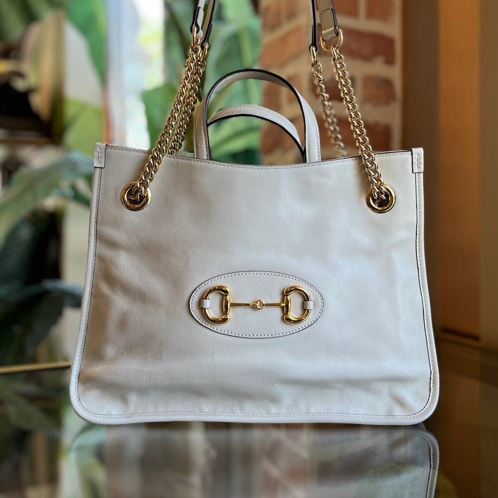 GUCCI Horsebit 1955 Medium White Leather Tote Bag